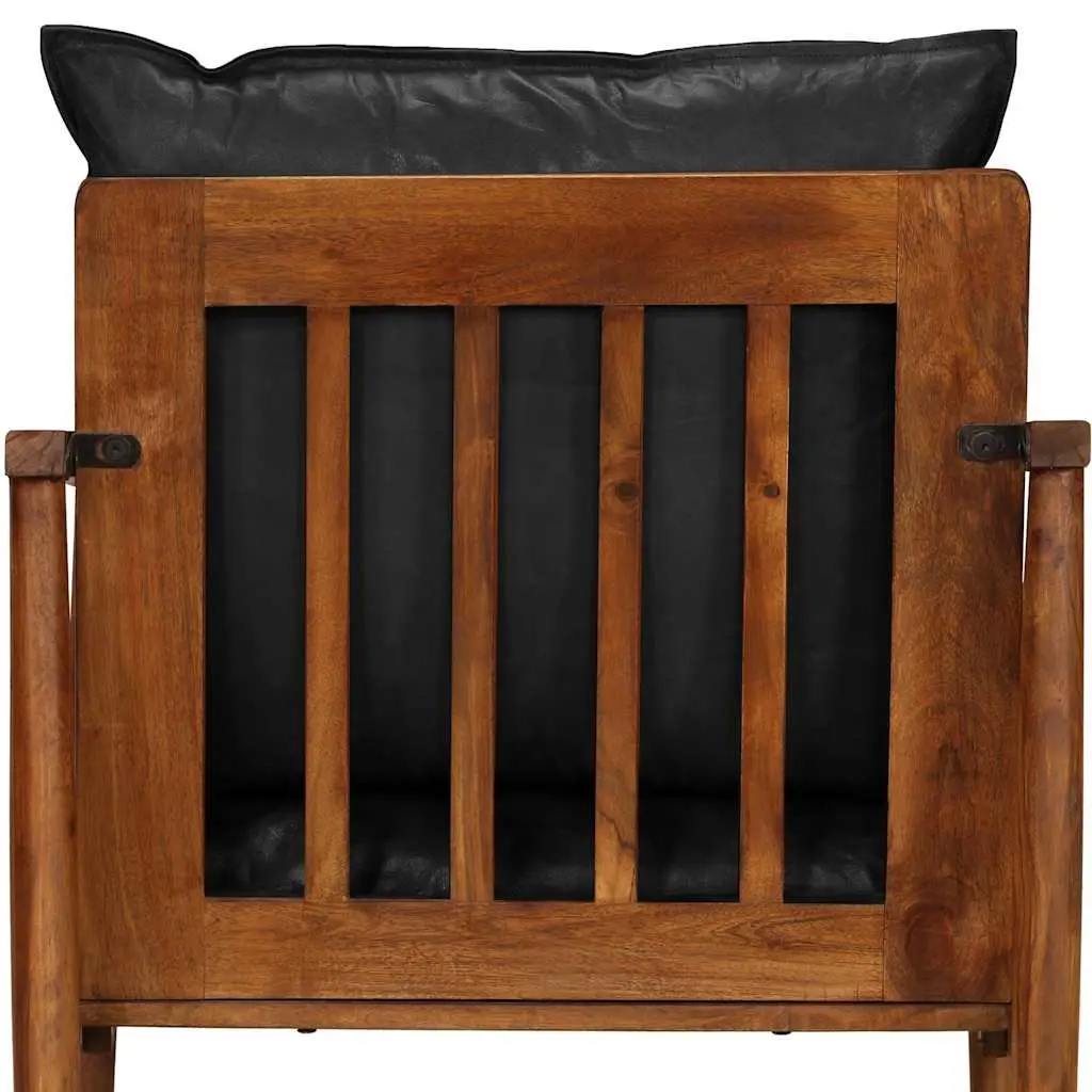 Armchair Living Room Black Real Leather Solid Wood Acacia Single Sofa Chair