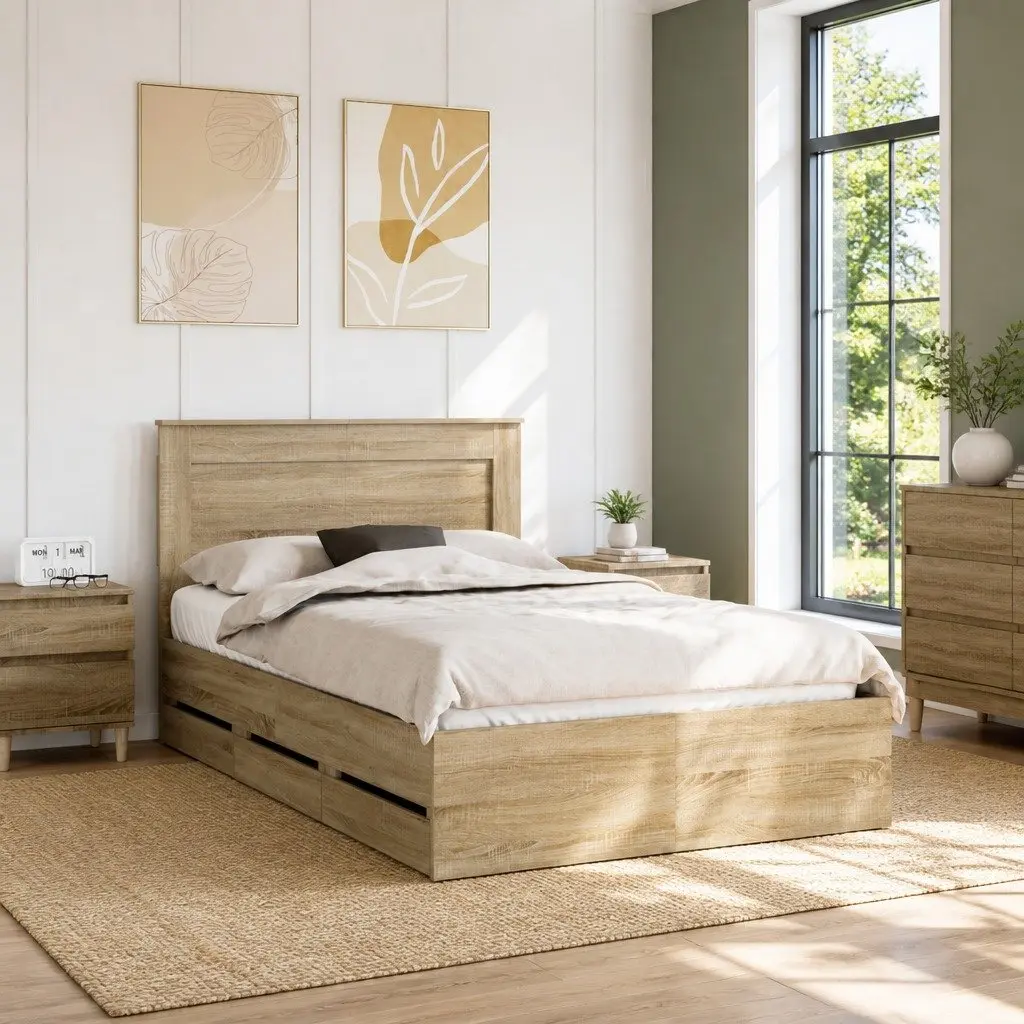Bed Frame with Storage Drawer Sonoma Oak 135 x 190 cm Engineered Wood Modern