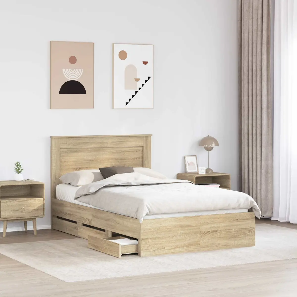 Bed Frame with Storage Drawer Sonoma Oak 135 x 190 cm Engineered Wood Modern