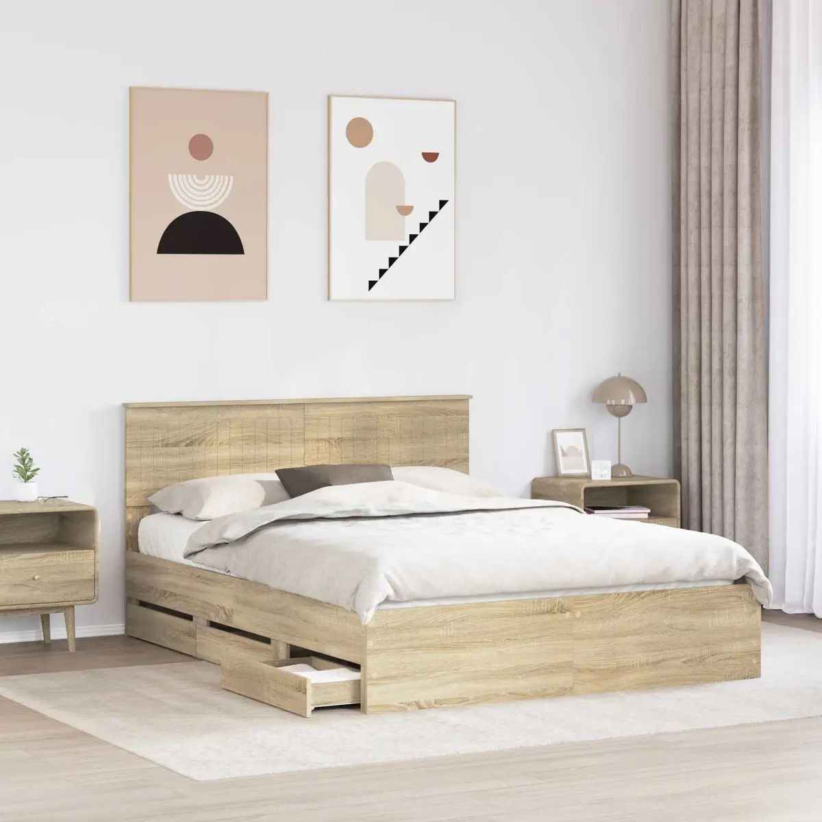Bed Frame with Storage Drawer Bedroom 150 x 200 cm Engineered Wood Sonoma Oak
