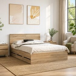 Bed Frame with Storage Drawer Sonoma Oak 135 x 190 cm Modern Bedroom Furniture
