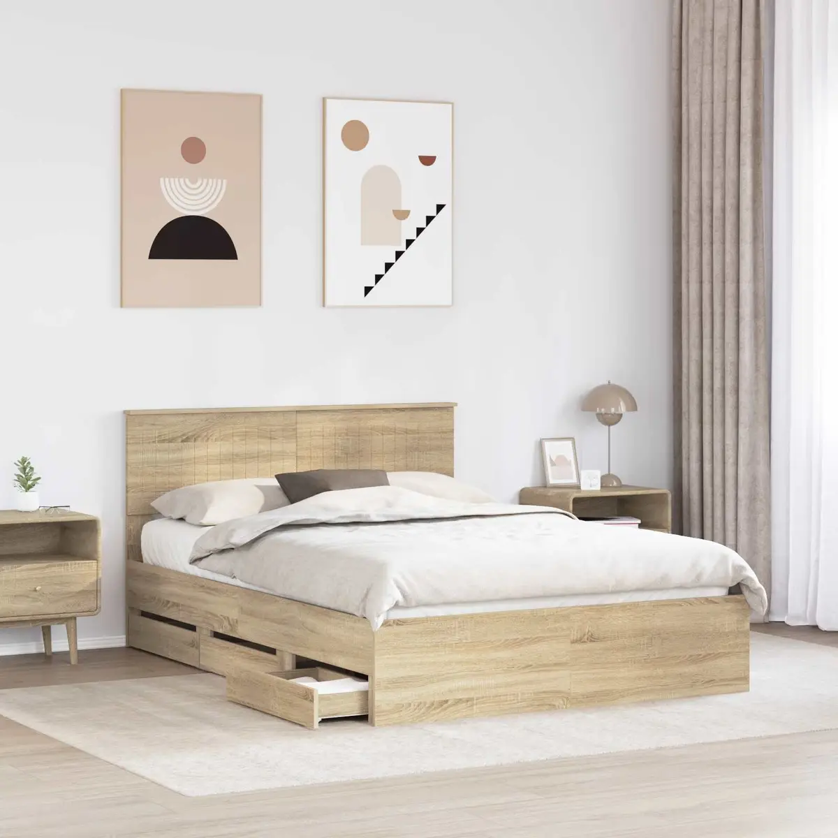 Bed Frame with Storage Drawer Bedroom 135 x 190 cm Sonoma Oak Modern Furniture