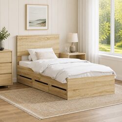 Brown Engineered Wood Bed Frame with Drawer, 90 x 190 cm