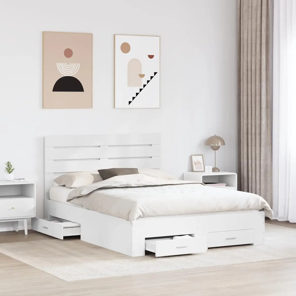 White Engineered Wood Bed Frame with Storage Drawers