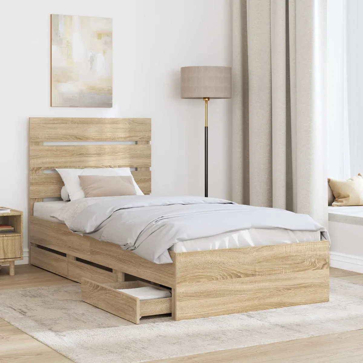Bed Frame with Drawer Storage Sonoma Oak 90 x 190 cm Modern Bedroom Furniture