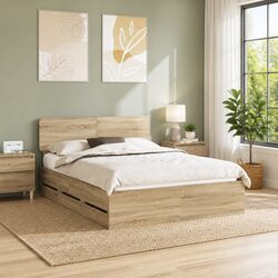 Brown Bed Frame with Adjustable Headboard and Storage