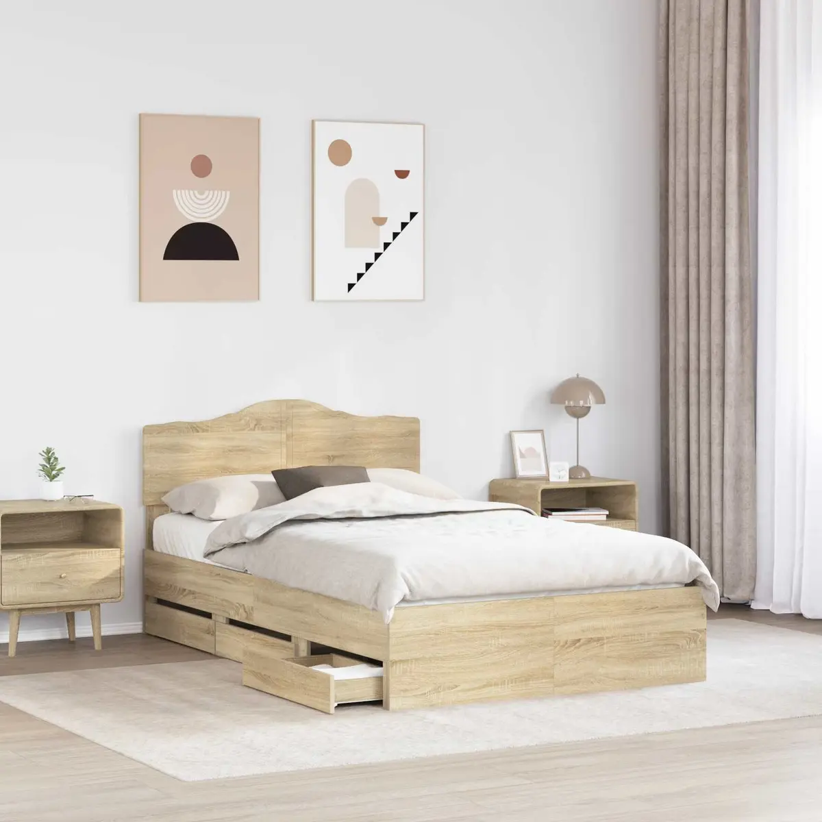 Bed Frame with Storage Drawer Engineered Wood 135 x 190 cm Brown Modern Design
