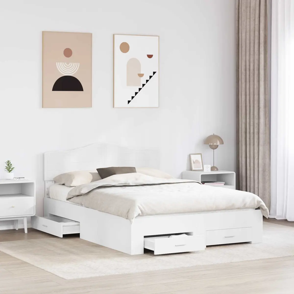 Bed Frame with Headboard and Storage Drawers White 150 x 200 cm Modern Design