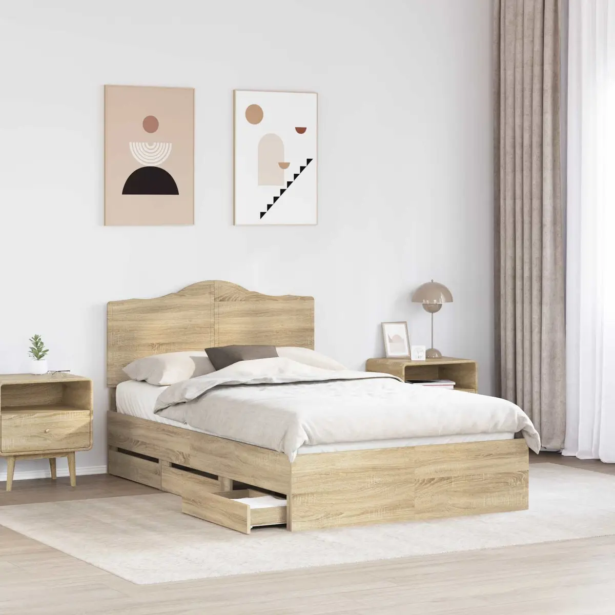 Bed Frame with Storage Drawer Sonoma Oak 135 x 190 cm Engineered Wood Modern