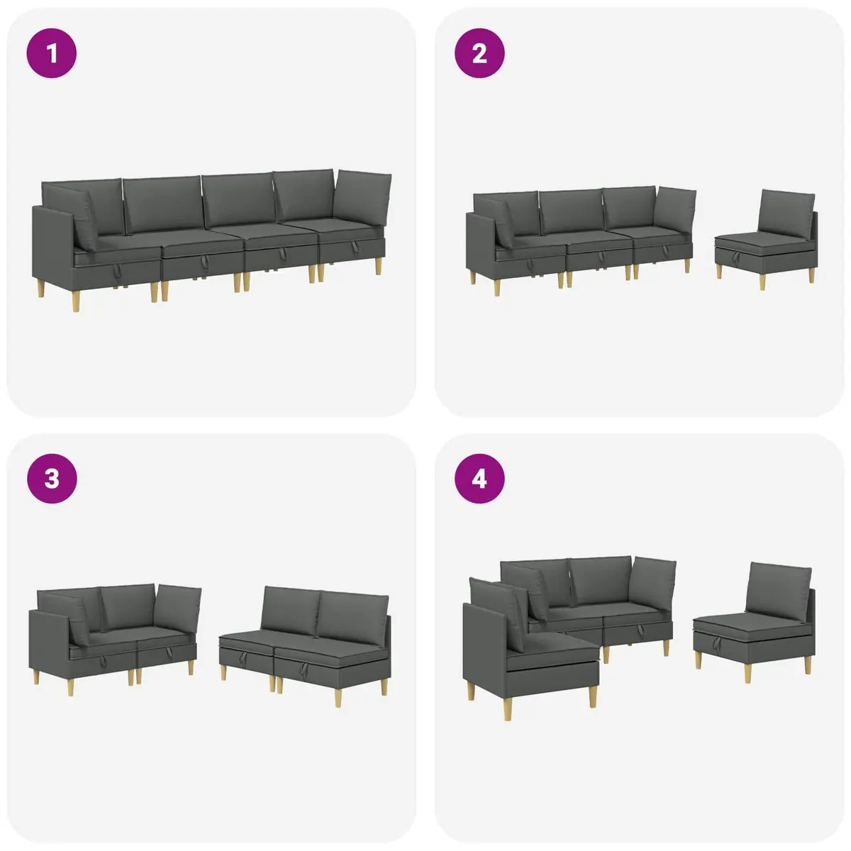 Modular Sofa Set 4 pcs Grey Fabric Storage Living Room Couch Contemporary Design