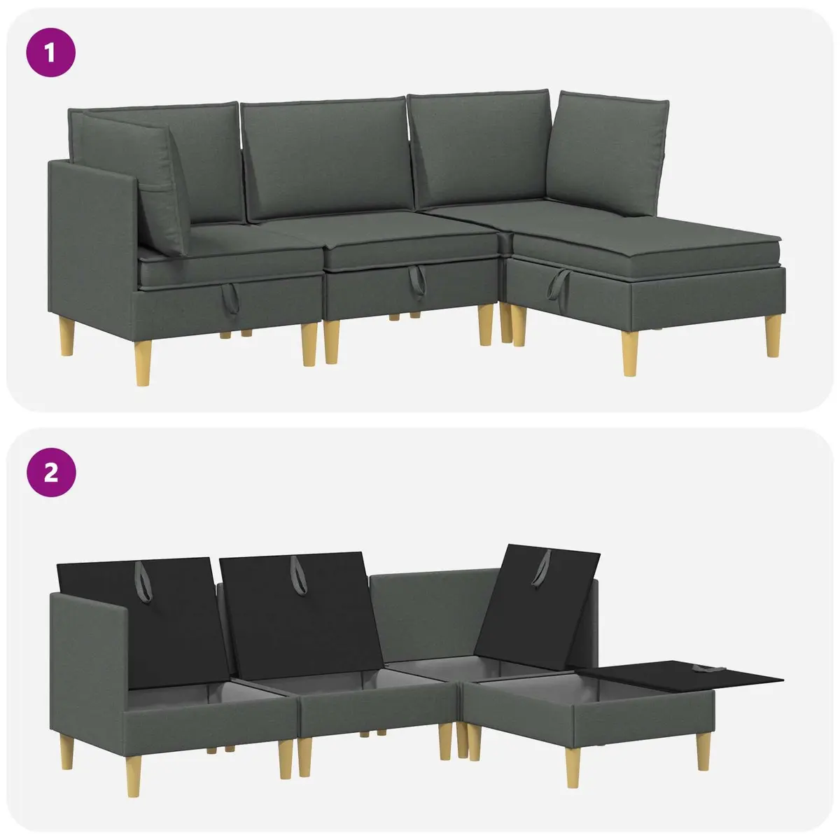 Modular Sofa Set 4 Pieces with Storage Grey Fabric Living Room Sectional