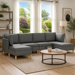 Grey Modular Sofa Set - 6 Pieces with Storage, Easy to Clean