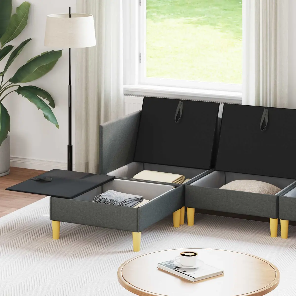 Modular Sofa Set 6 Pieces with Storage Grey Fabric Living Room Furniture