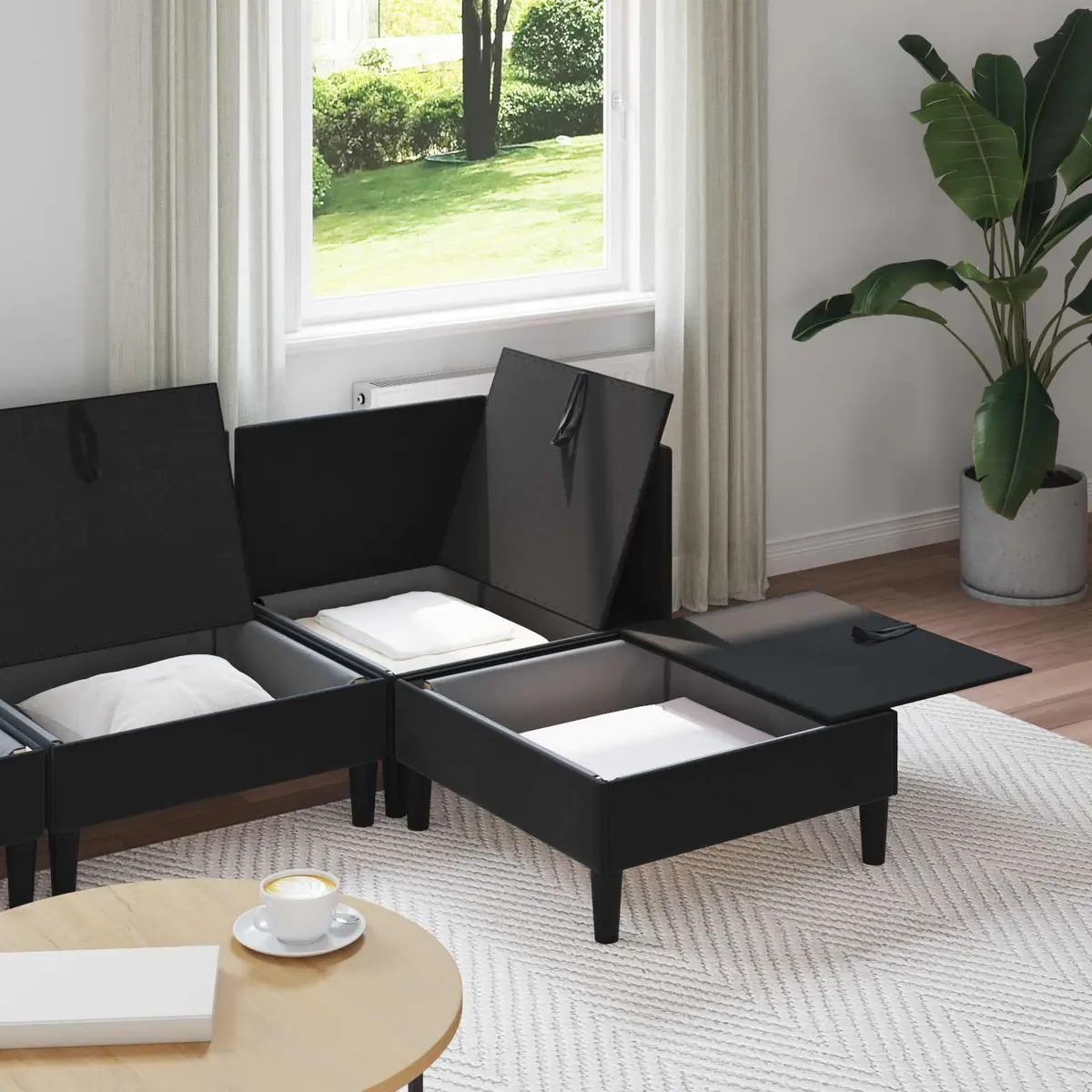 Living Room Furniture Set 4 Piece Black Velvet Sofa Storage Cushioned