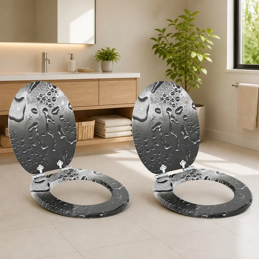 Toilet Seat Soft-Close Grey 44x38cm MDF Board 2 Piece Bathroom Fixture