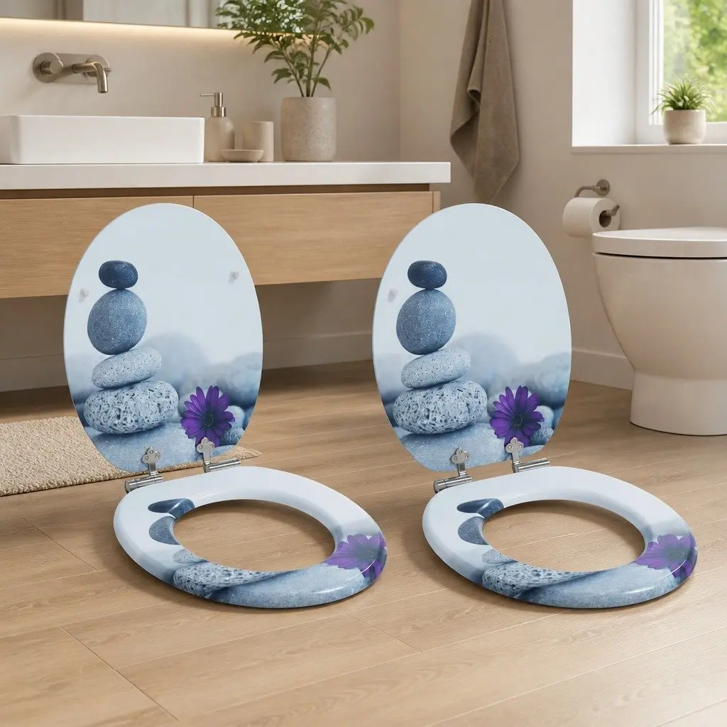 Soft Close Toilet Seat Grey MDF Bathroom Fixture 44x38cm Standard 2 Pieces
