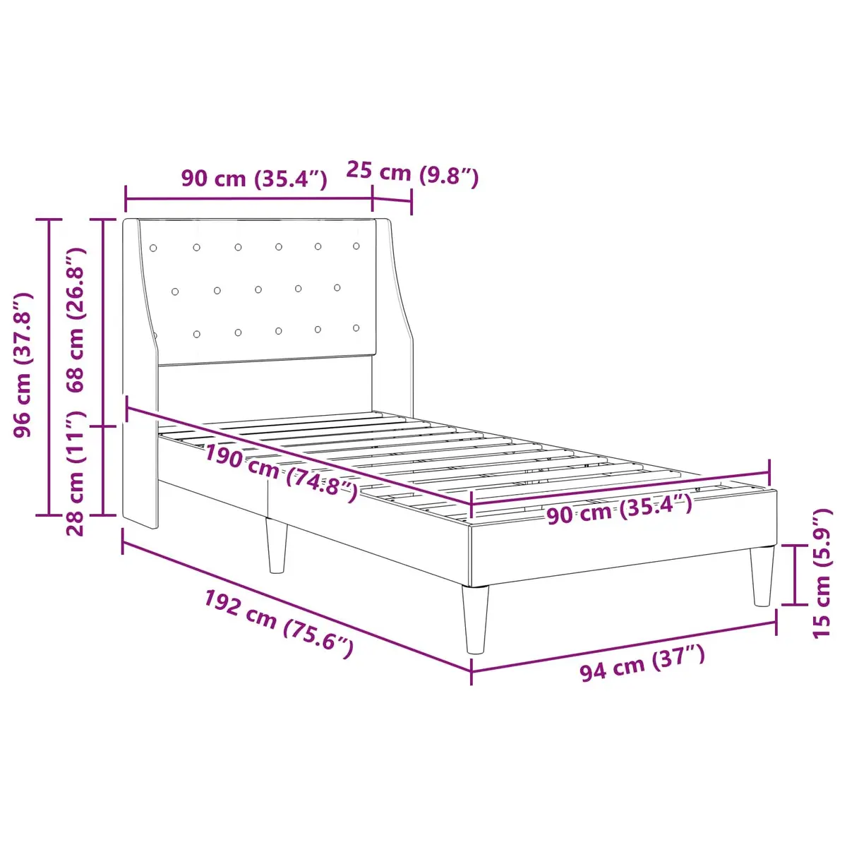 Bed Frame with Velvet Headboard for Bedroom Dark Grey 90 x 190 cm