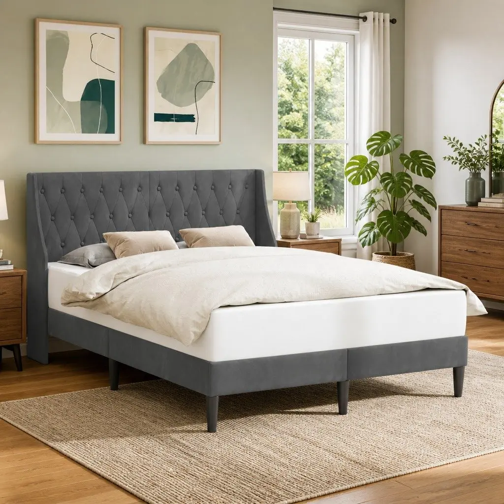 Dark Grey Bed Frame with Velvet Headboard