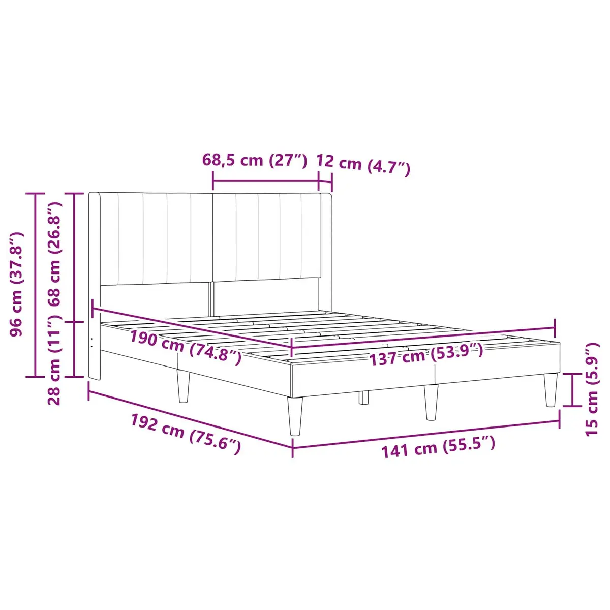 Bed Frame for Bedroom with Dark Grey Velvet Headboard and Slatted Base