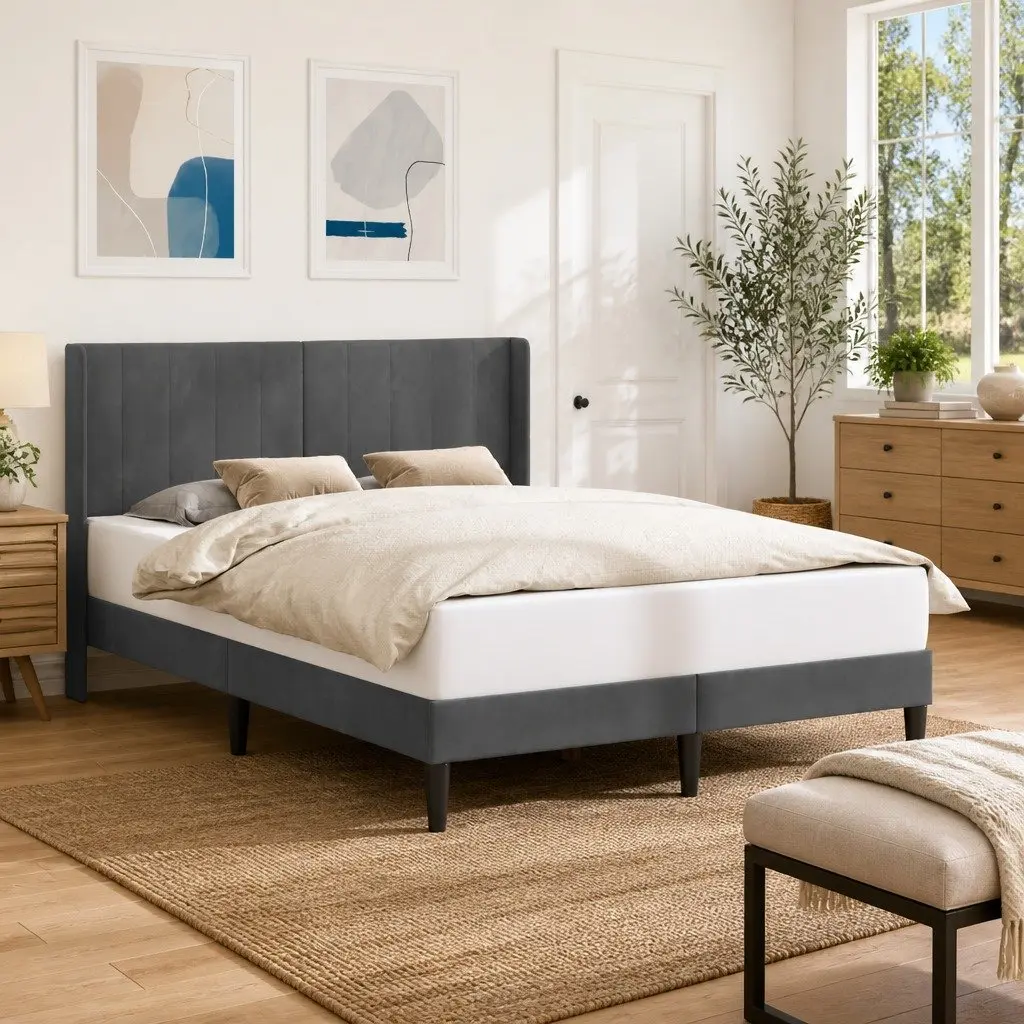 Bed Frame with Velvet Headboard