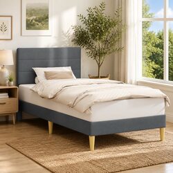 Bed Frame Specifications: 90 x 190 cm, Dark Grey, Fabric Upholstered