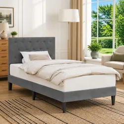 90 x 190 cm Bed Frame with Velvet Headboard in Dark Grey