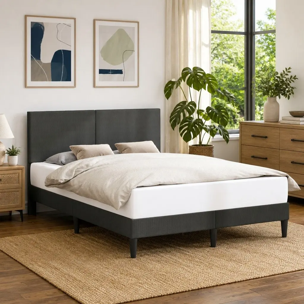Bed Frame with Corduroy Upholstered Headboard Dark Grey 137x190cm Slatted Base