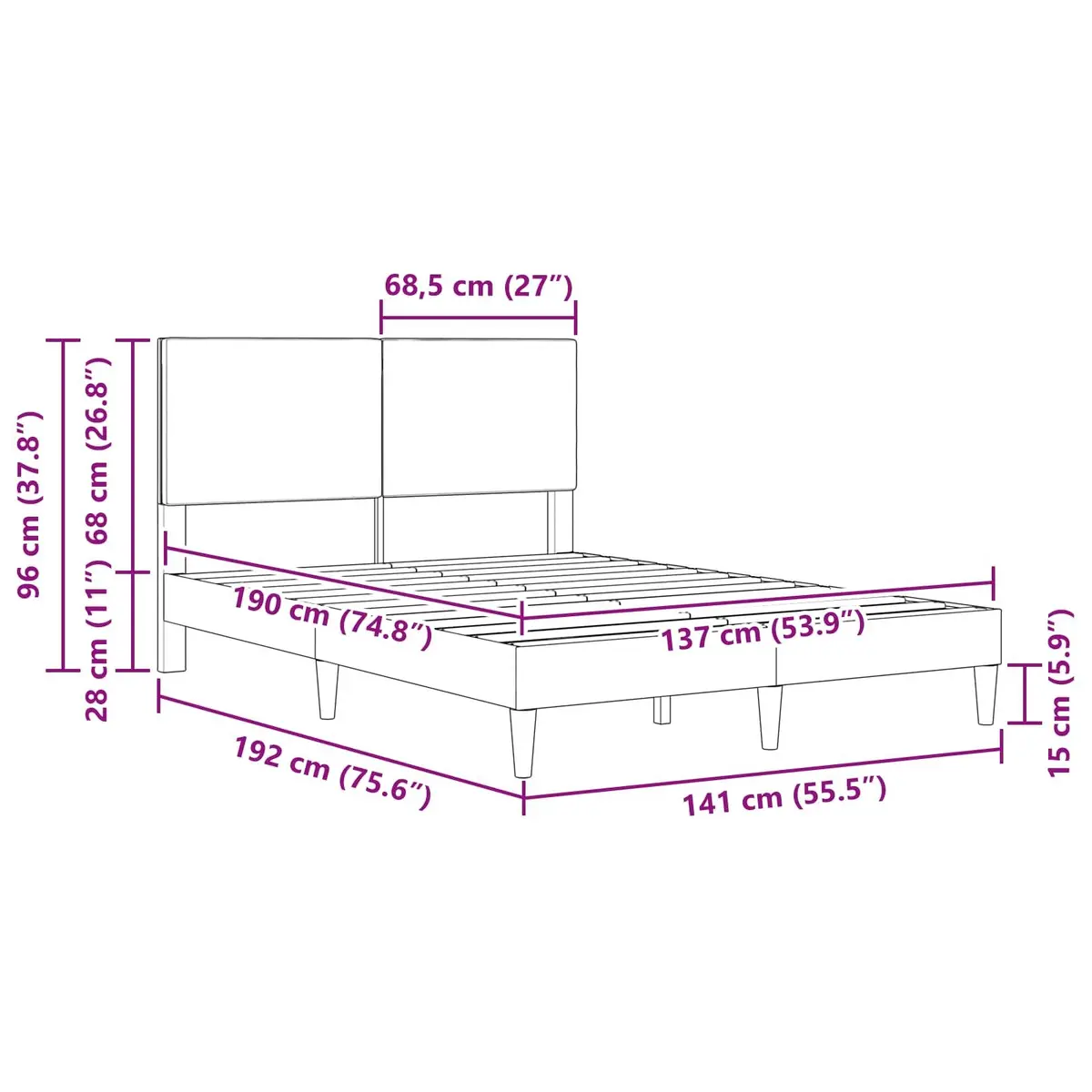 Bed Frame with Corduroy Upholstered Headboard Dark Grey 137x190cm Slatted Base