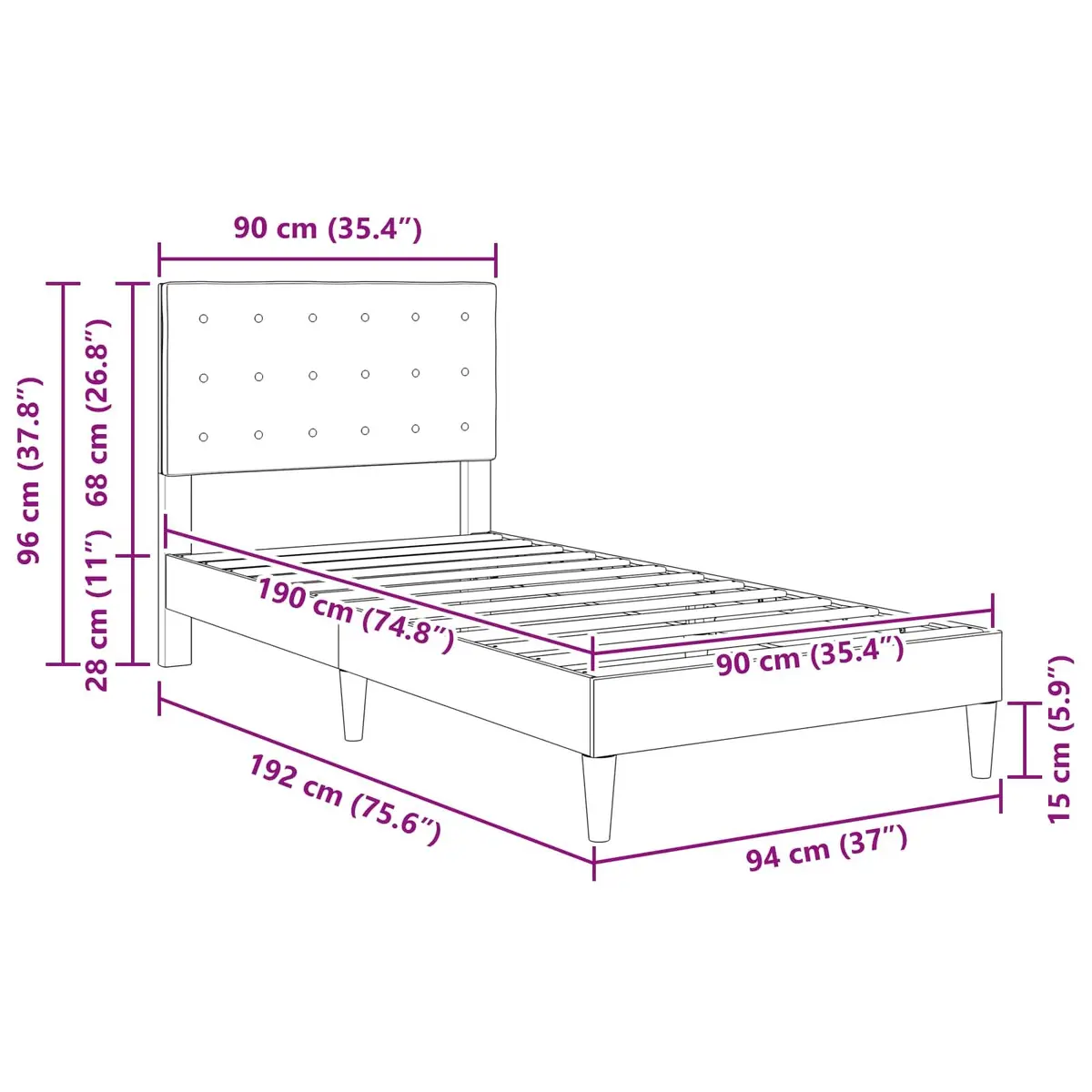 Bed Frame with Fabric Headboard Dark Grey 90 x 190 cm Modern Bedroom Furniture