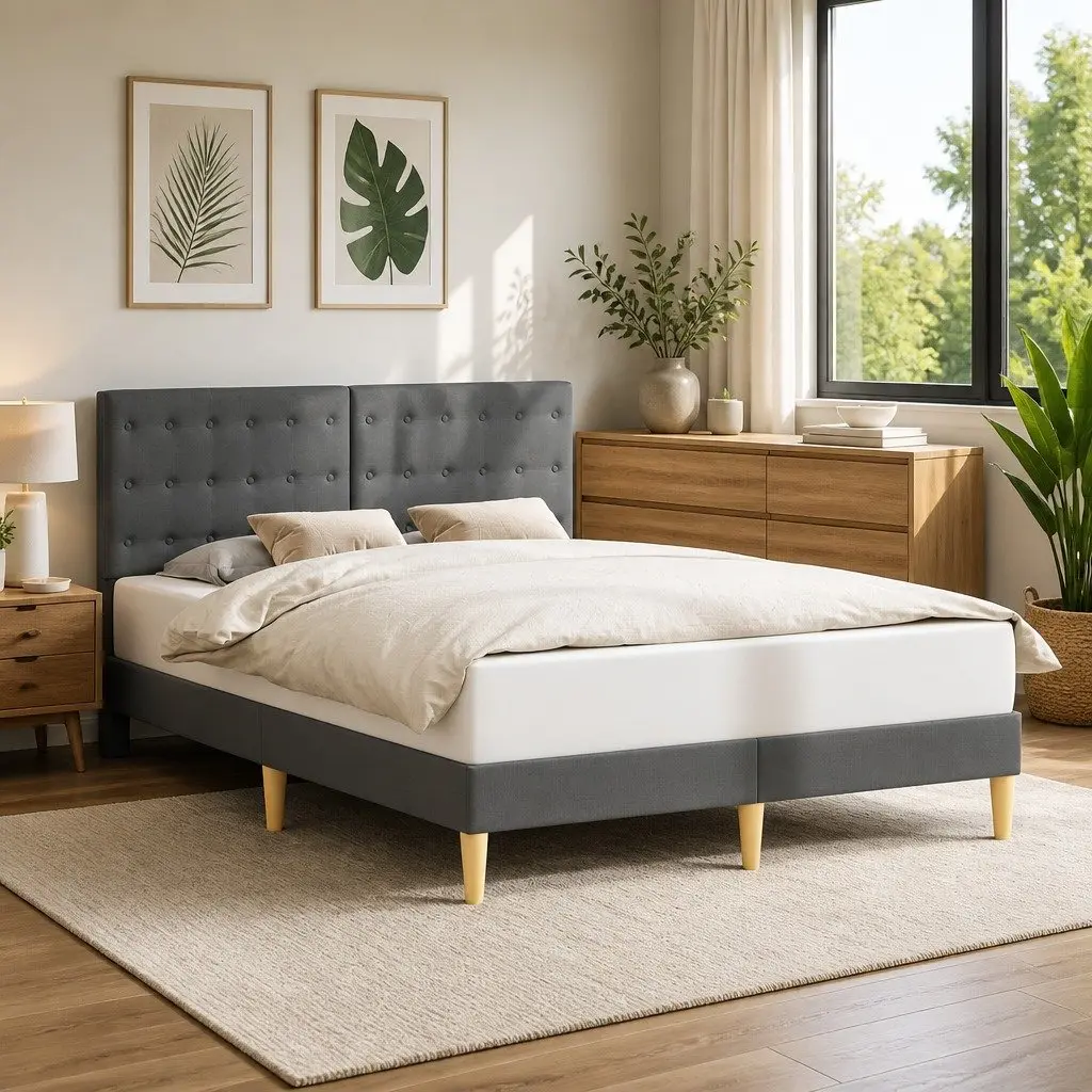 Bed Frame with Headboard for Bedroom Dark Grey Fabric Upholstered