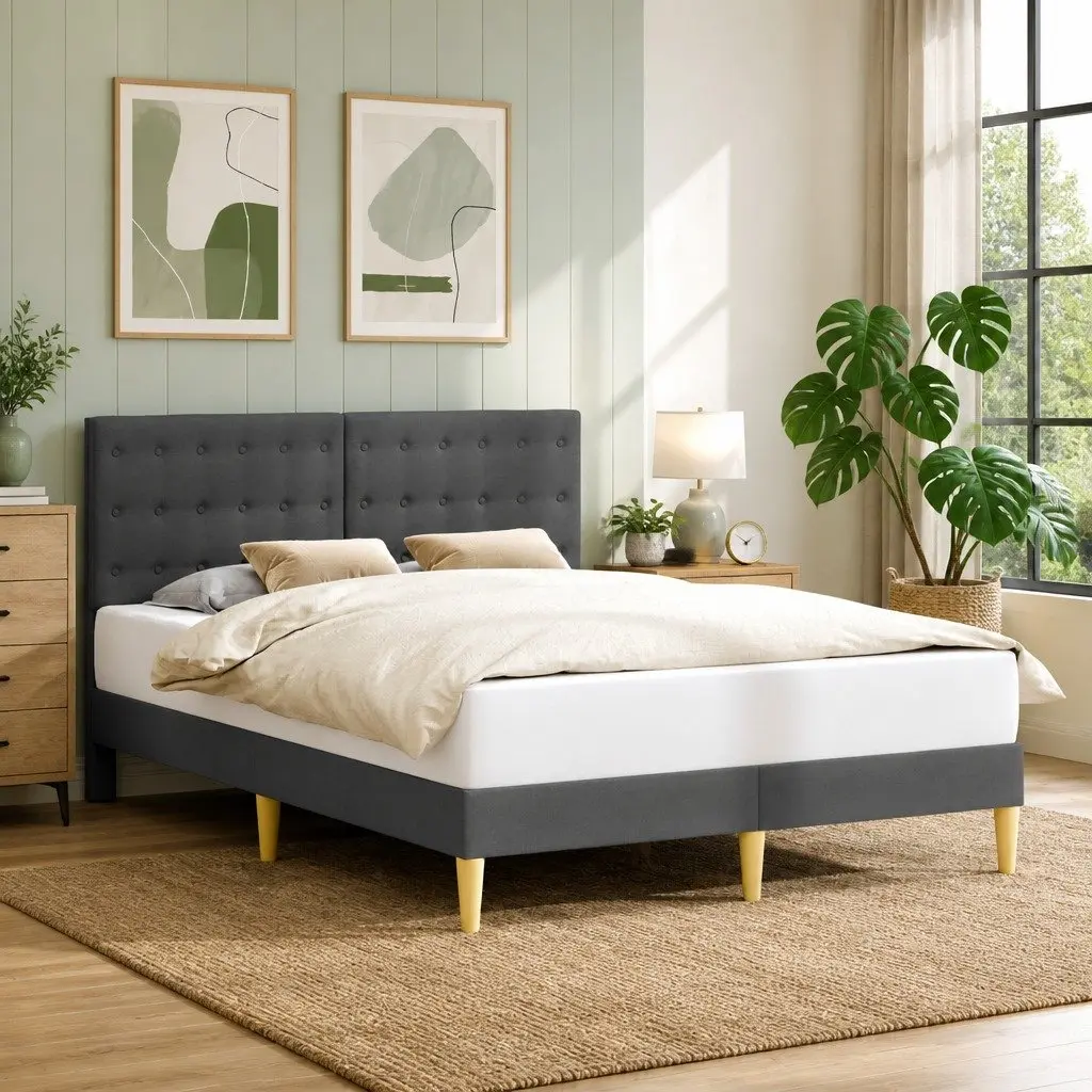 Bed Frame with Dark Grey Upholstered Headboard