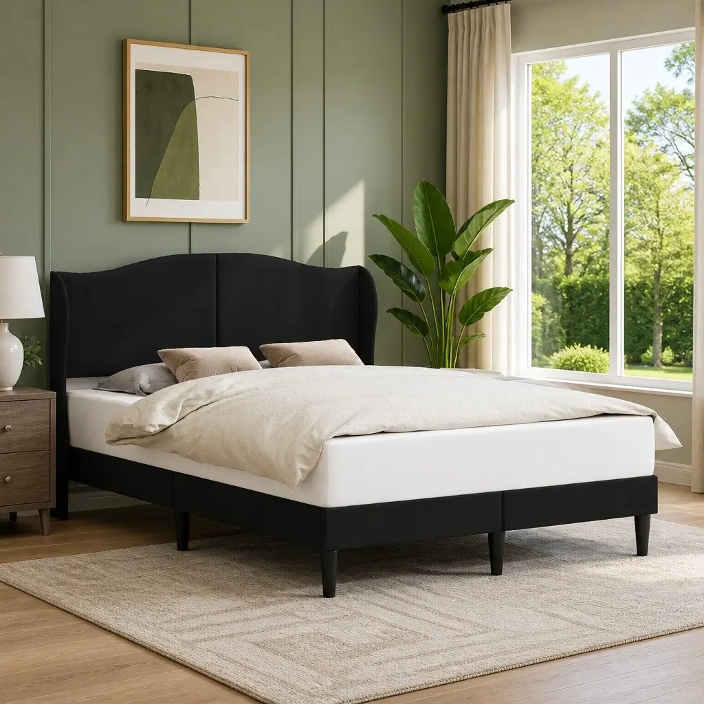 Black Bed Frame with Headboard Modern Faux Leather Queen Size 153 x 203 cm