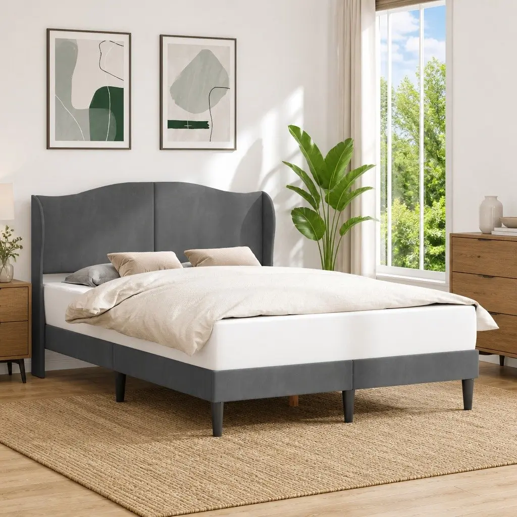 Bed Frame with Velvet Headboard for Bedroom Dark Grey 137 x 190 cm Modern Platform