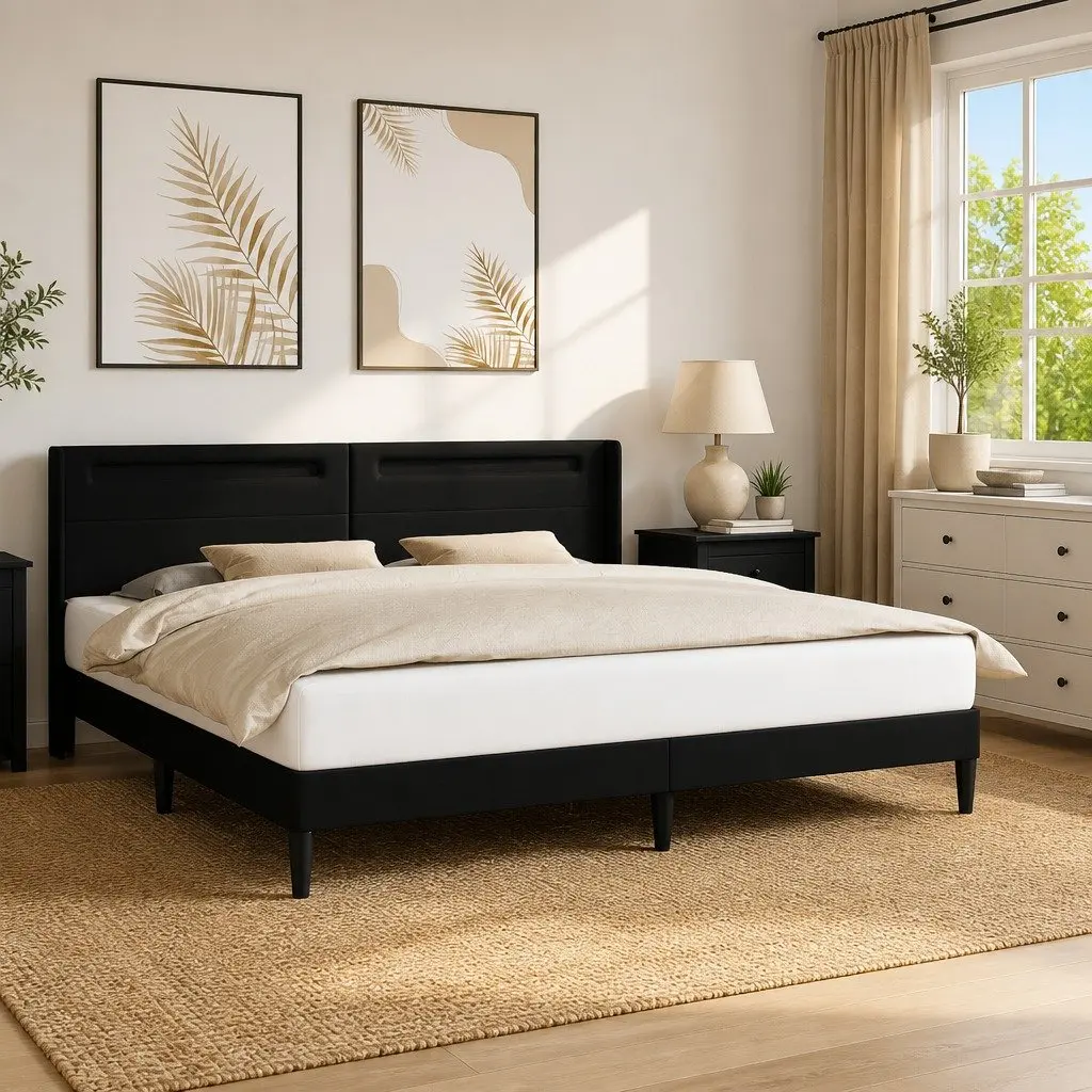 Faux Leather Bed Frame with Multicolour LED Strip Lights 180x200cm Black