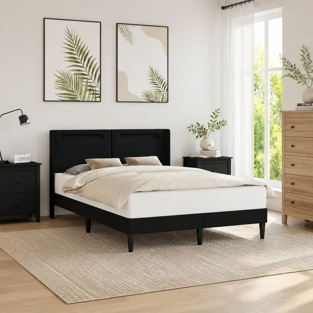 Bed Frame with LED Strip Lights Headboard Black Faux Leather Modern Bedroom