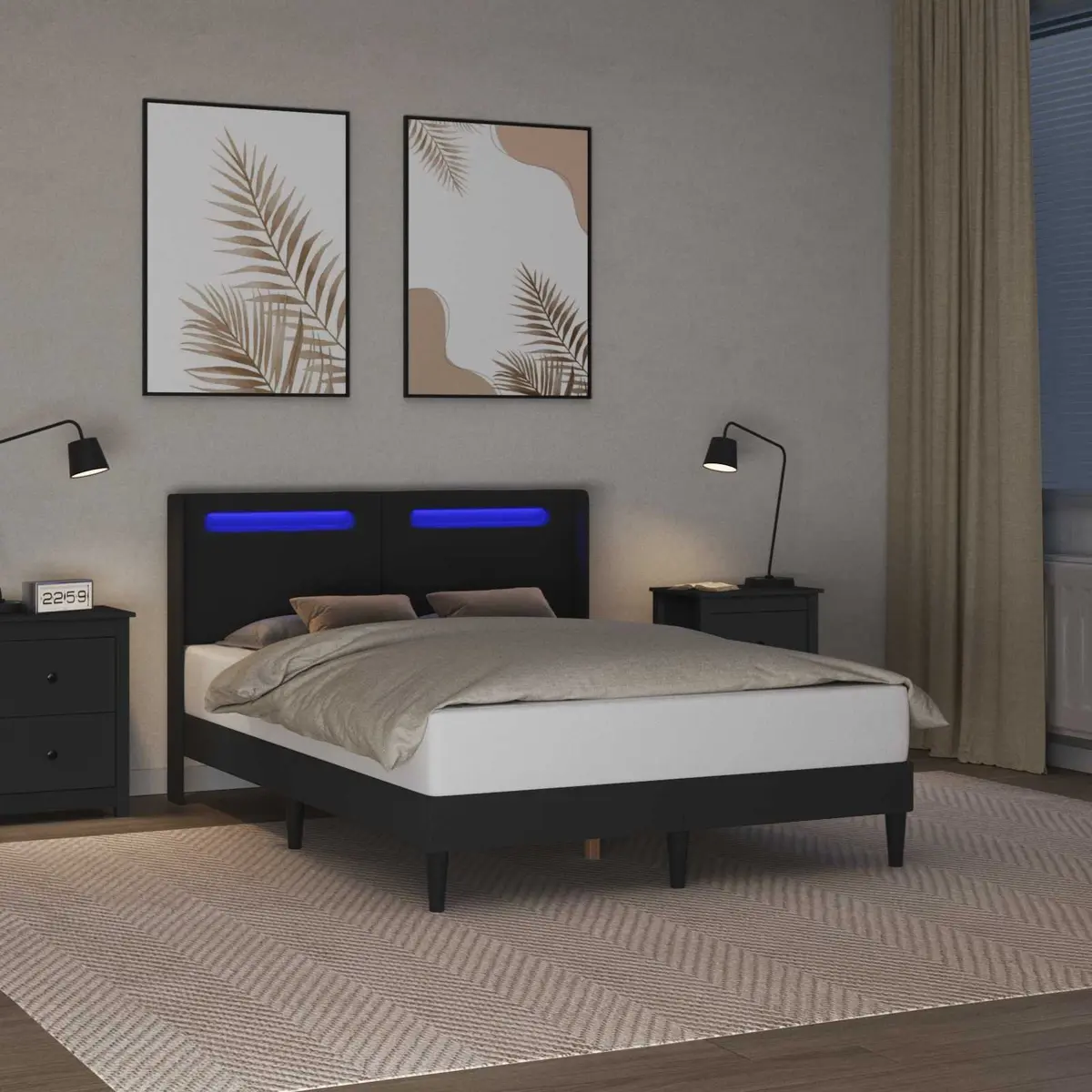 Bed Frame with LED Strip Lights Headboard Black Faux Leather Modern Bedroom