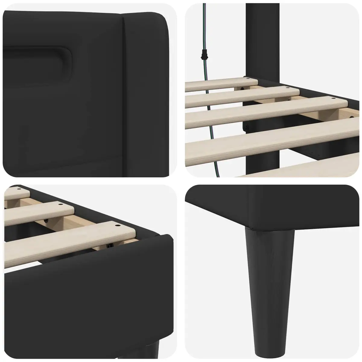 Bed Frame with LED Strip Lights Headboard Black Faux Leather Modern Bedroom