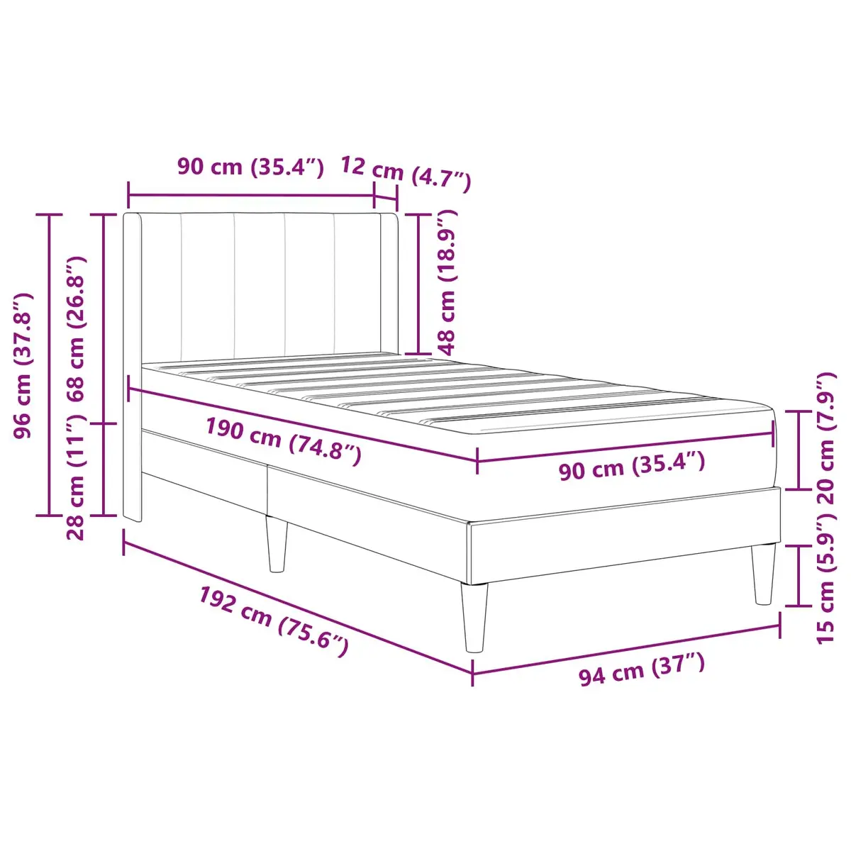 Bed Frame and Mattress Set Grey 90 x 190 cm Velvet
