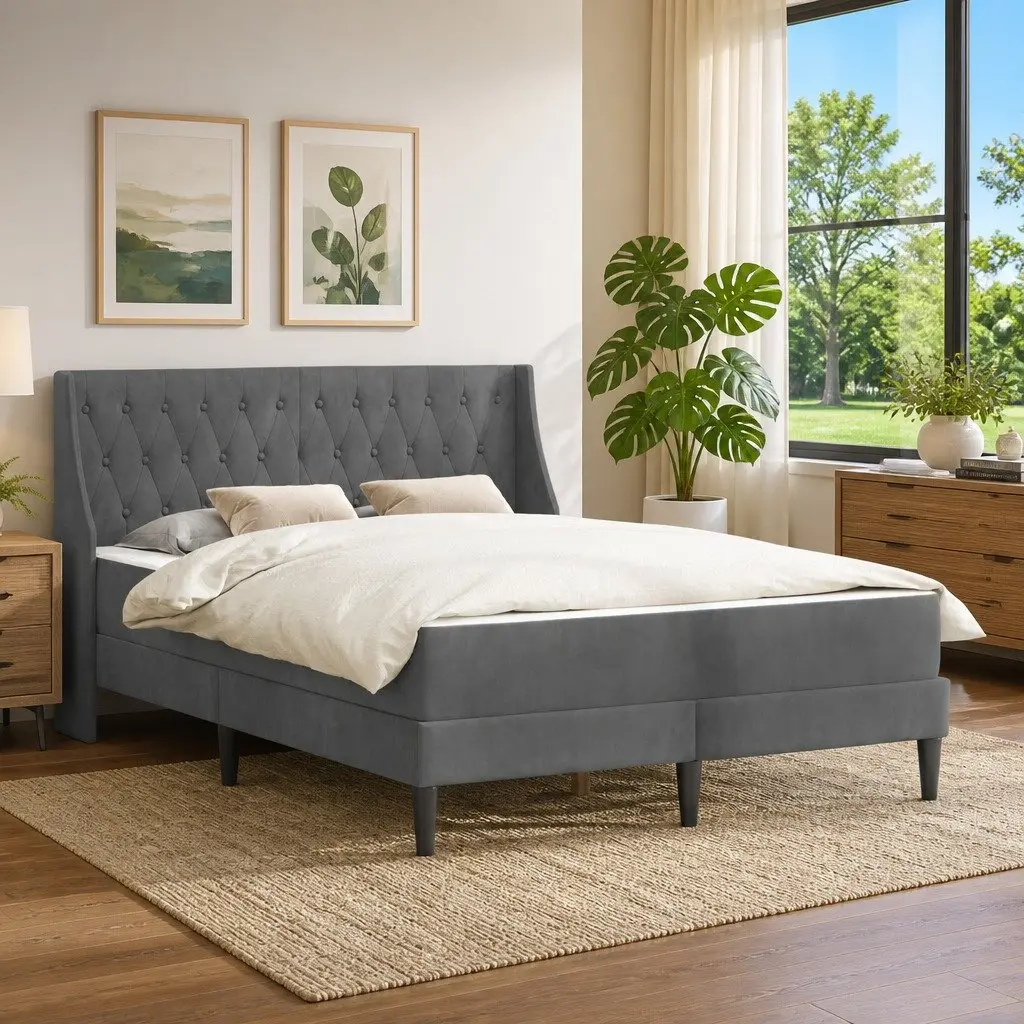 Bed Frame with Mattress for Bedroom Grey 137 x 190 cm Velvet Upholstered Modern