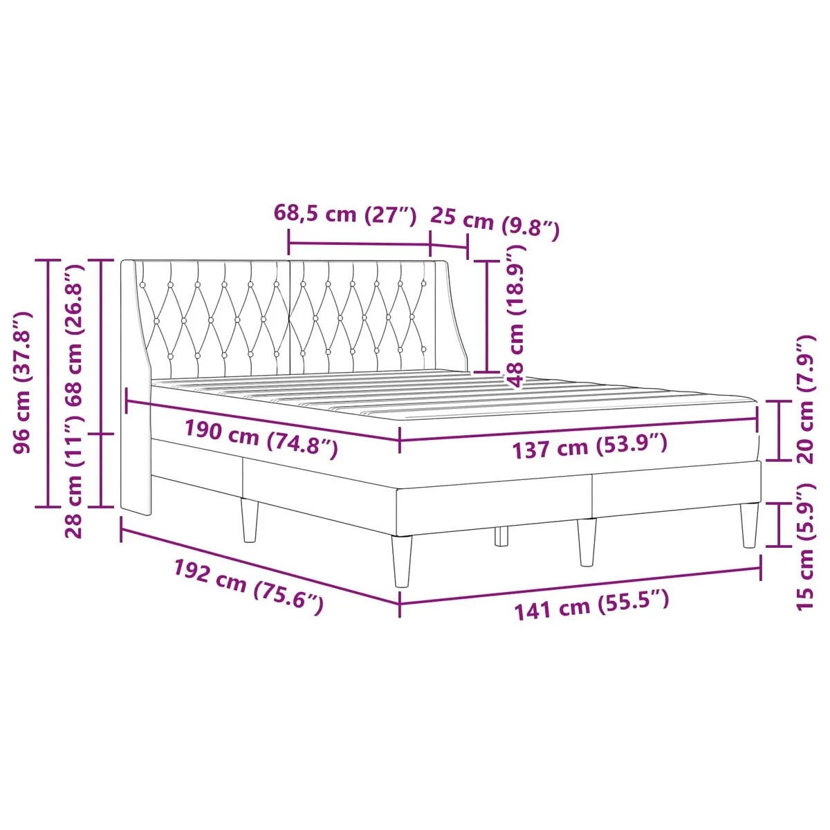 Bed Frame with Mattress for Bedroom Grey 137 x 190 cm Velvet Upholstered Modern