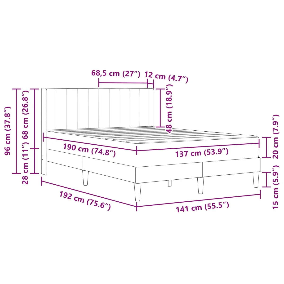 Bed Frame with Mattress Grey 137 x 190 cm Velvet Modern Bedroom Furniture