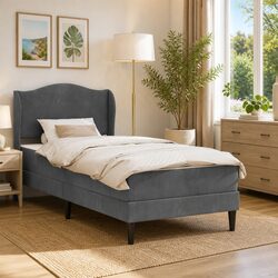 Bed Frame with Headboard Dark Grey 107 x 203 cm Velvet Upholstery Storage