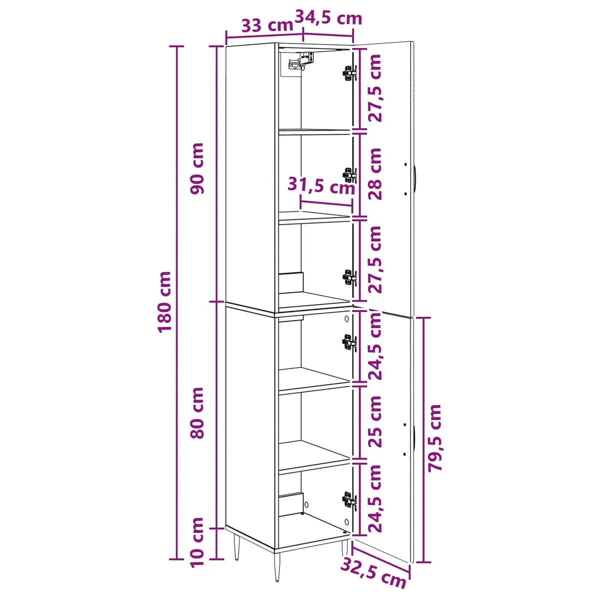 White Cabinet Set 2 Pieces Storage Furniture Living Room Bedroom 33 x 34.5 x 89.5 cm