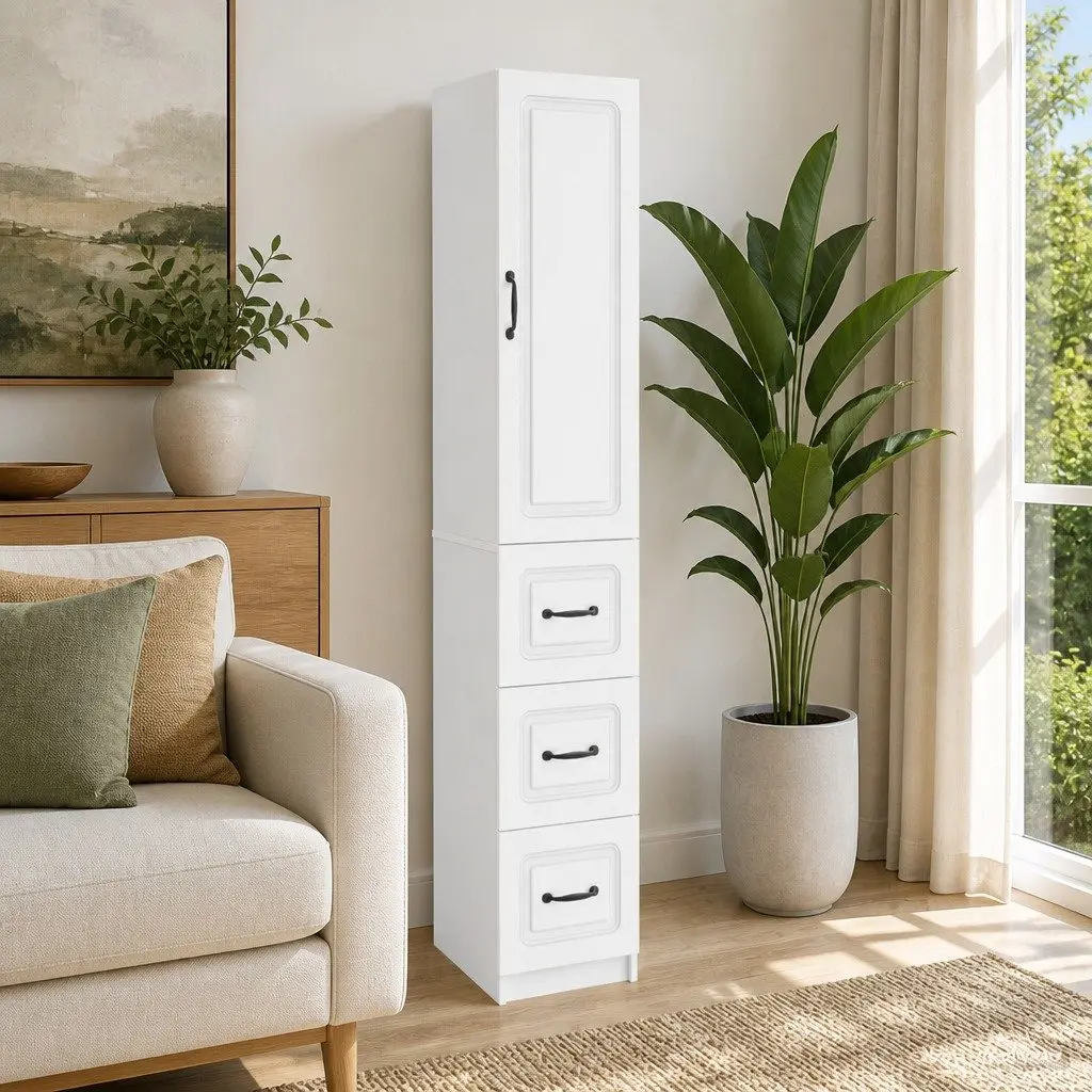 Storage Cabinet Set Living Room Office Bedroom 33 x 34.5 x 87 cm with Drawers Shelves LED Light