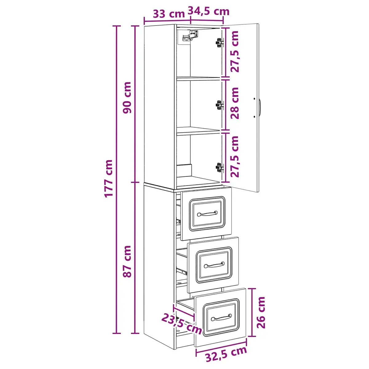 Storage Cabinet Set Living Room Office Bedroom 33 x 34.5 x 87 cm with Drawers Shelves LED Light