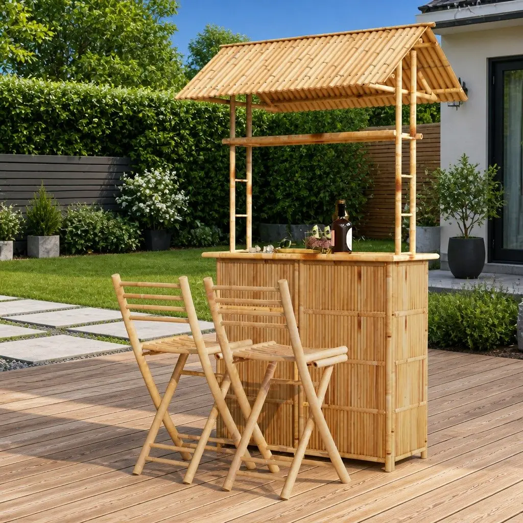 Bamboo Bar Set Garden Patio Outdoor 3 Piece Brown Foldable