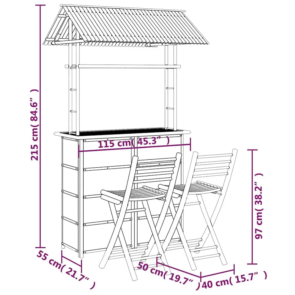 Bamboo Bar Set Garden Patio Outdoor 3 Piece Brown Foldable