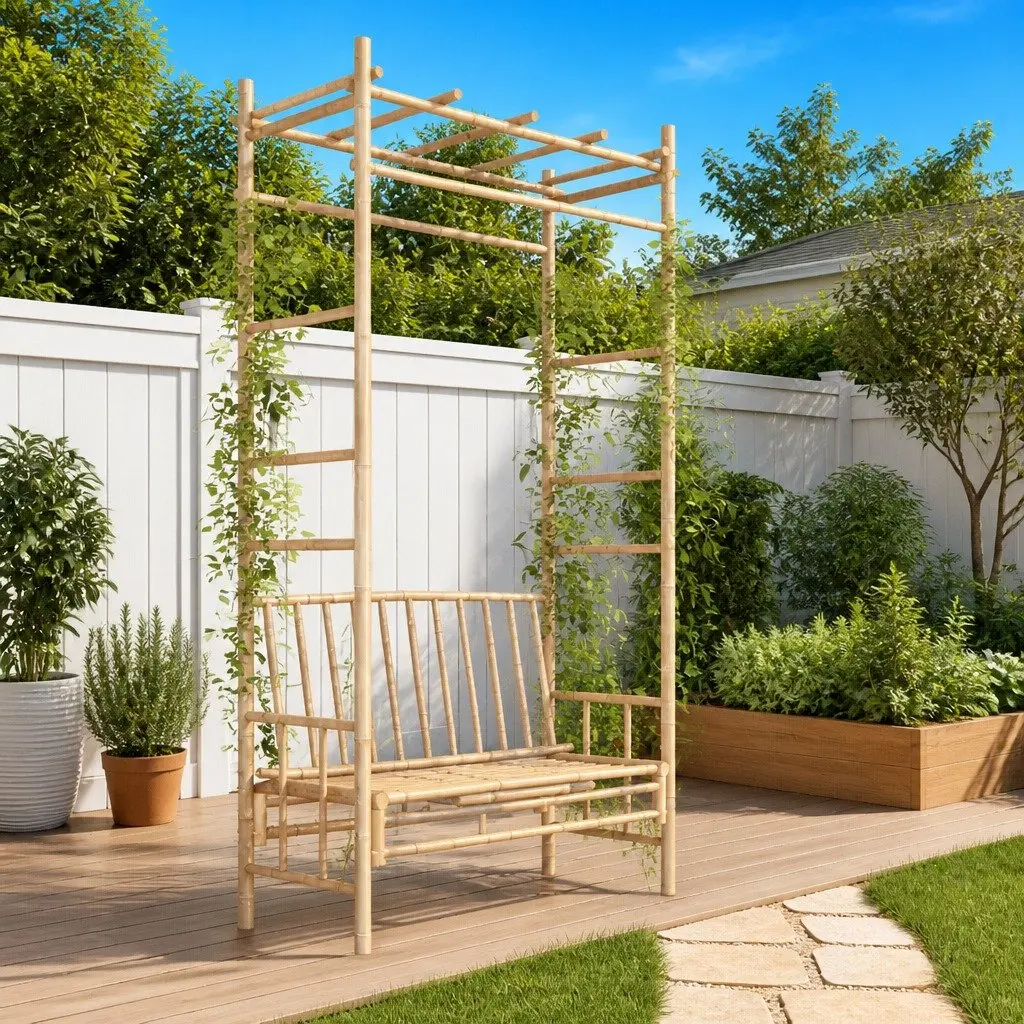 Garden Bench with Pergola Trellis Bamboo Outdoor Seating Brown 116cm