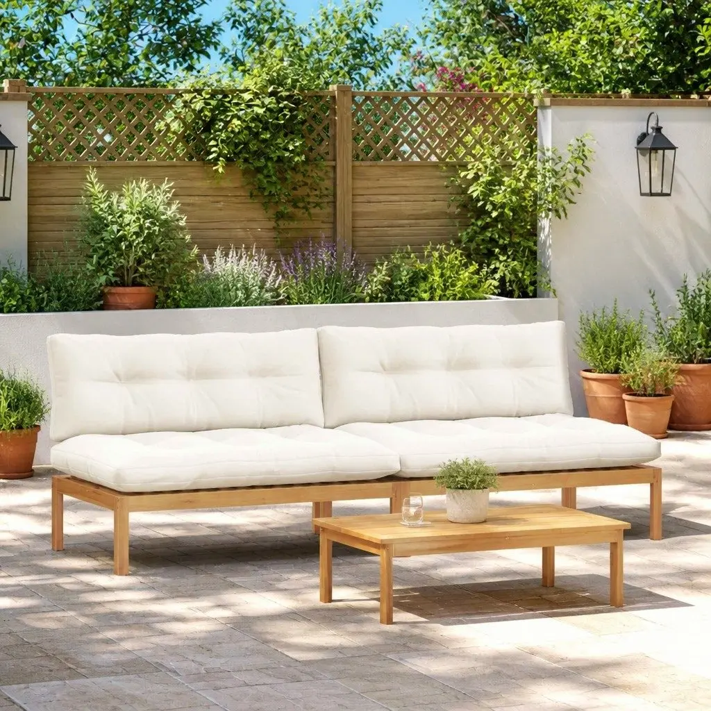 Outdoor Sectional Sofa Middle Unit Light Acacia Cream White Wood Garden Seating