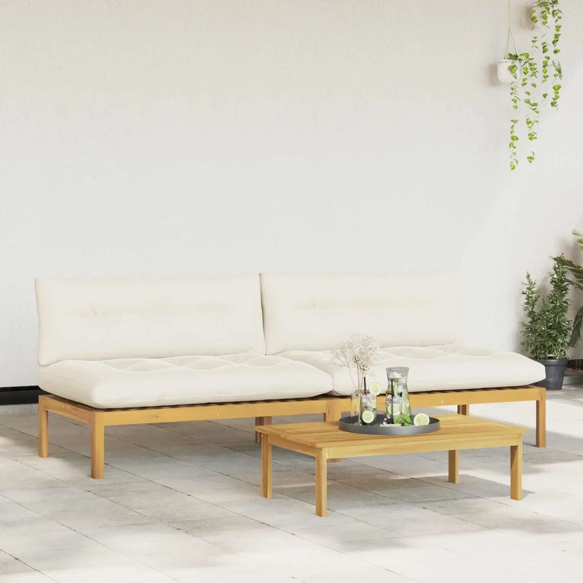 Outdoor Sectional Sofa Middle Unit Light Acacia Cream White Wood Garden Seating